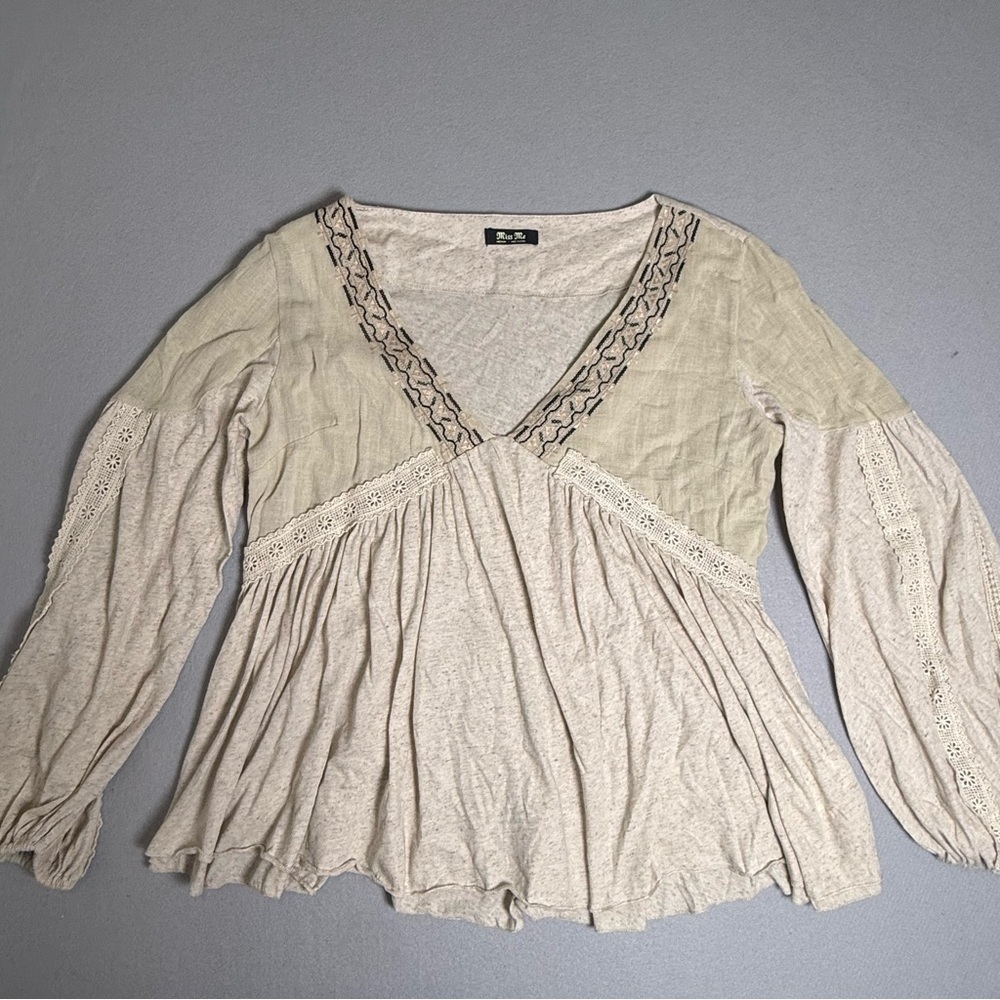 Miss Me Top Blouse Top Sz M Babydoll Embroidered Long Balloon Sleeves Bohemian - Picture 2 of 12